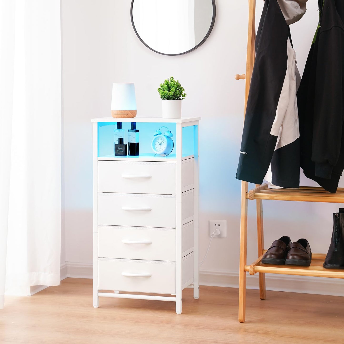 Yoobure White Nightstand - Small Dresser for Bedroom, LED Night Stand with Charger Station, Bedside Table with 4 Fabric Drawers and Open Shelf, Vertical Dressers with USB Ports and Outlets