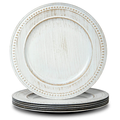 Kazozobi 13" Vintage Charger Plates, Beaded Chargers for Dinner Plates Set of 6, Charger Plates Bulk Wedding, White