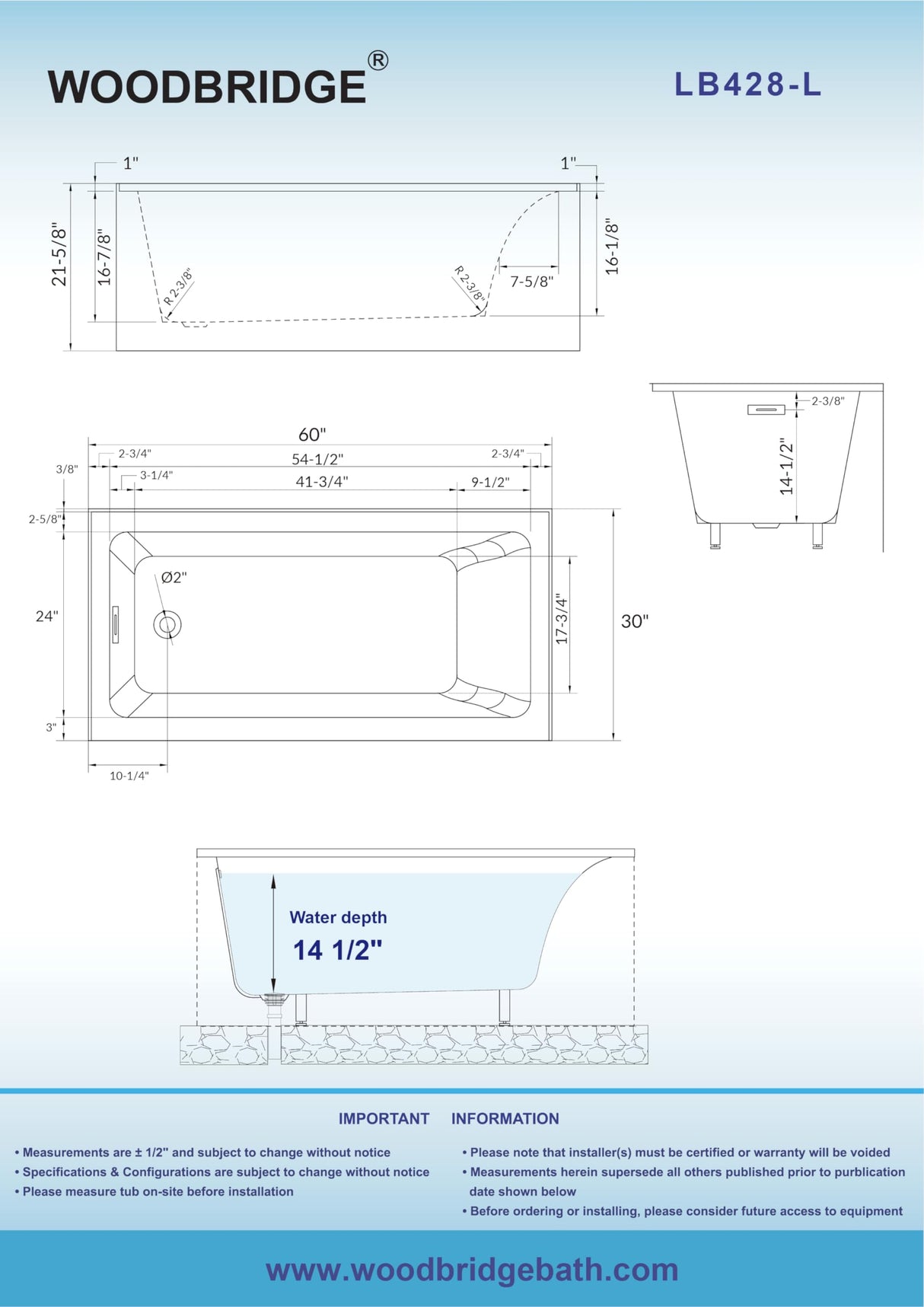 WOODBRIDGE 60" Acrylic Rectangular Alcove Soaking Bathtub in White with Left Drain, Brushed Nickel pop-up Drain Included, LB428-L WOODBRIDGE
