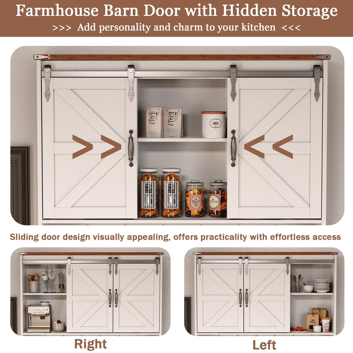 71" Pantry Cabinet, Kitchen Hutch Cabinet with Microwave Stand & Charging Station, Farmhouse Tall Storage Cabinet with Countertop, Floor Cupboard Cabinet, Bar Cabinet with Drawer and Doors, White ISHARINGTIME