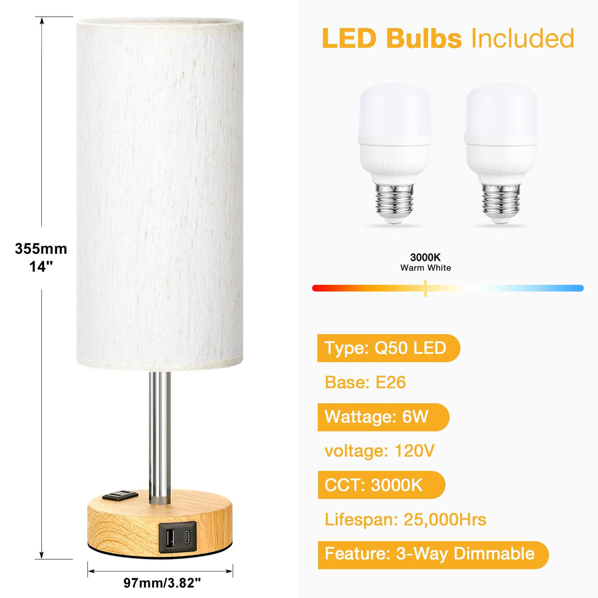 Touch Bedside Table Lamps Set - 3 Way Dimmable Bedroom Lamps Set of 2 with USB C and A Ports, Small Lamps for Nightstand with AC Outlet, Wood Base Round Flaxen Shade for Desk, Office, Dorm, Nursery PartageiZ