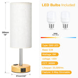 Touch Bedside Table Lamps Set - 3 Way Dimmable Bedroom Lamps Set of 2 with USB C and A Ports, Small Lamps for Nightstand with AC Outlet, Wood Base Round Flaxen Shade for Desk, Office, Dorm, Nursery PartageiZ