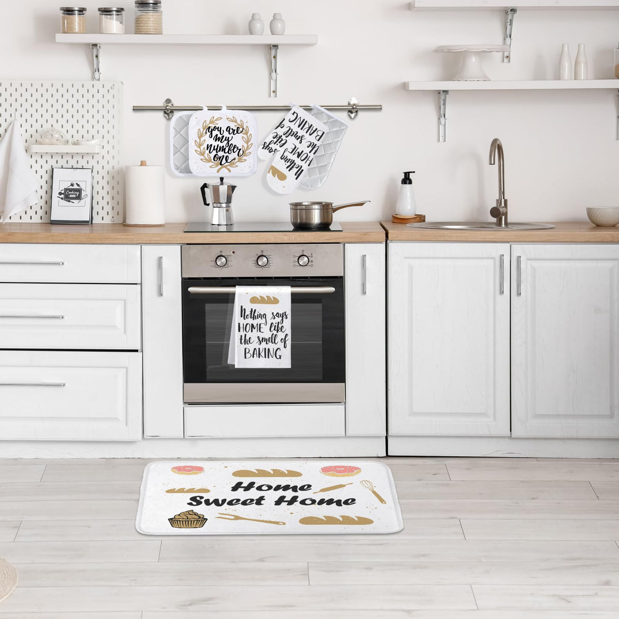 Ziliny 8 Pcs Heat Transfer Blank Sublimation Oven Mitts Set Include 2 Oven Gloves 2 Sublimation Hot Pads Pot Holders 2 Sublimation Blank Door Mat Blank Doormat 2 Sublimation Towels for Kitchen Ziliny