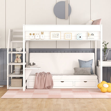 Futon Bunk Beds with Stairs,Full Over Full/Futon Bunk Beds with 3 Storage Drawers & Small Table,Bottom Bed Can Be Converted Into Daybed,Wood Full Loft Bed Frame for Kids Teens,White Harper & Bright Designs