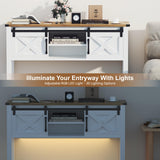 HXBOAUVS Farmhouse Entryway Table with LED Light, Sofa Table with Sliding Barn Door, Adjustable Open Shelves, 46" Rustic Console Table with Storage, Antique White Hallway for Living Room Bedroom HXBOAUVS