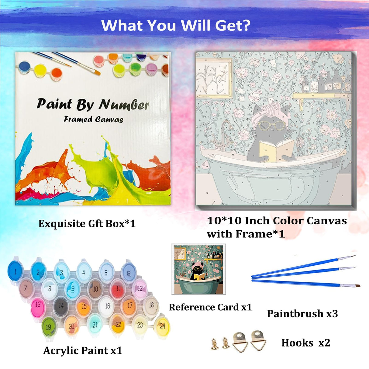 JUJUHOOD Funny Bathing Cat Paint by Numbers Kit for Adults Beginner & Kids Ages 8-12,Black Cat Paint by Number Without Easel, Simple Paint by Numbers for Gift Home Wall Decor (10x10Inch) JUJUHOOD