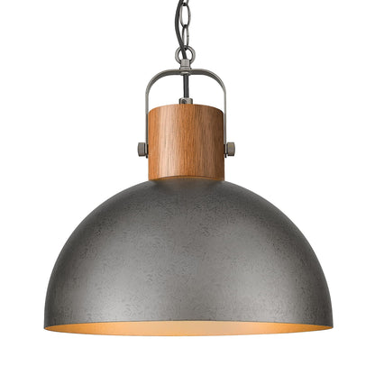 ELYONA Industrial Pendant Light Fixture, 16" Large Dome Hanging Lamp, Rubber Wood & Metal Farmhouse Chandelier for Kitchen Island Dining Room Living Room Hallway, Antique Silver Grey - WoodArtSupply