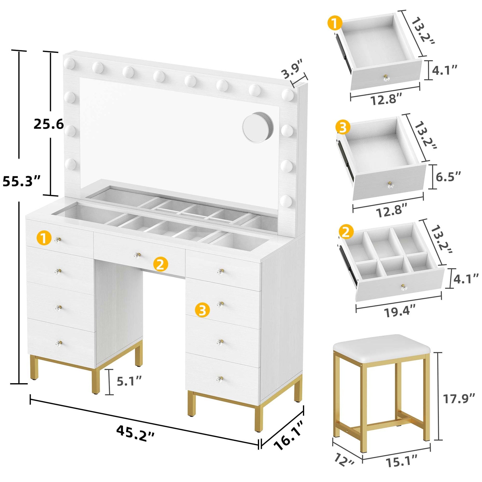 YITAHOME Vanity Desk Set with LED Lighted Mirror & Power Outlet, 14 Hollywood Bulbs Lighted 9 Drawers Makeup Vanities Dressing Table with Magnifying Glass Stool, White - WoodArtSupply