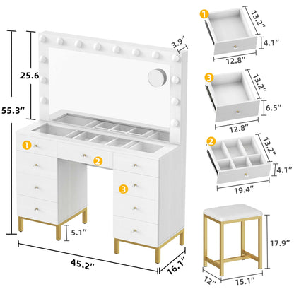 YITAHOME Vanity Desk Set with LED Lighted Mirror & Power Outlet, 14 Hollywood Bulbs Lighted 9 Drawers Makeup Vanities Dressing Table with Magnifying Glass Stool, White - WoodArtSupply