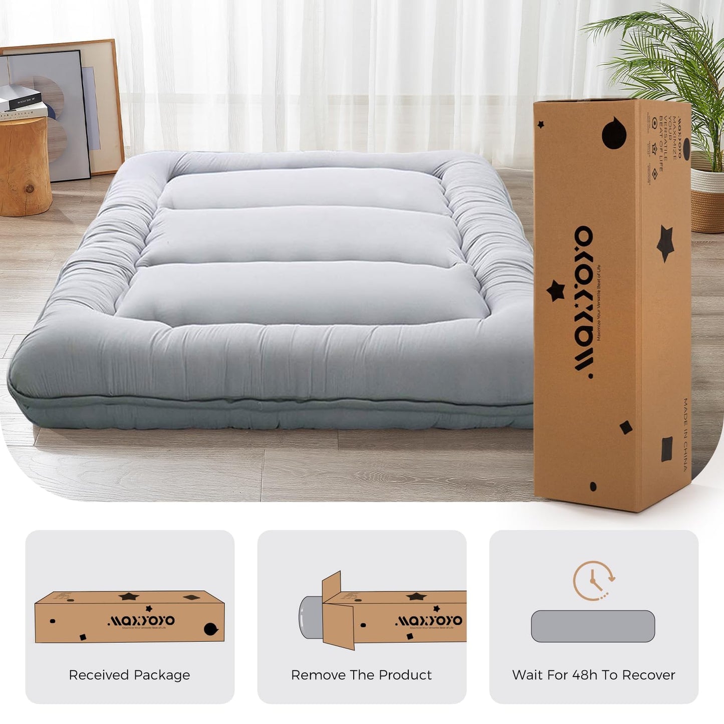 MAXYOYO 6" Extra Thick Japanese Floor Mattress Futon Mattress, Foldable Mattress Tatami Pad Floor Mattress for Adults Floor Bed Roll Up Mattress Guest Mattress, Grey, Twin