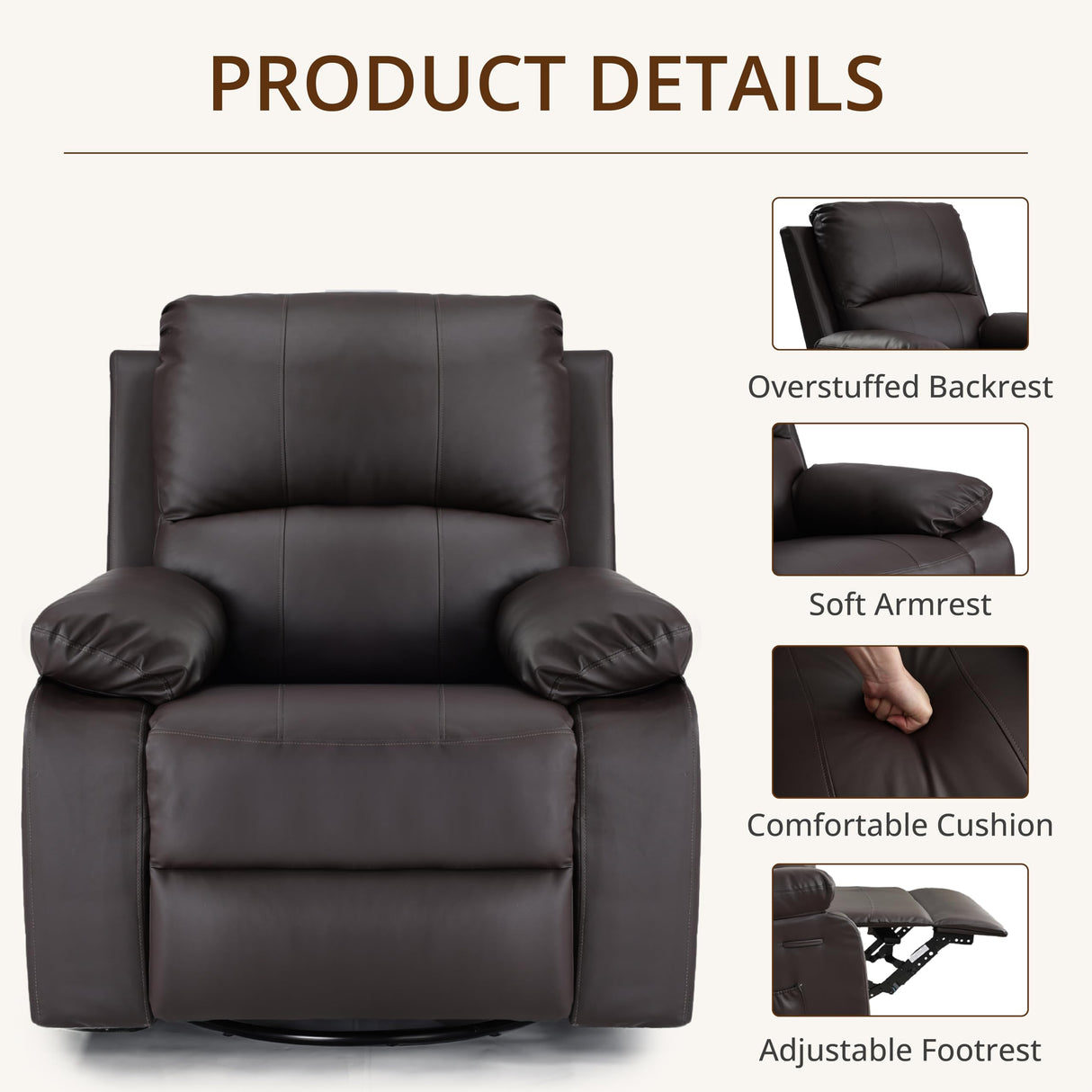 zzlay 360° Swivel Rocking Leather Recliner Chair for Adults, Overstuffed Manual Recliner with Spring Cushion, Glider Rocking Nursery Single Sofa with Side Pockets for Living Room, Coffee Brown zzlay