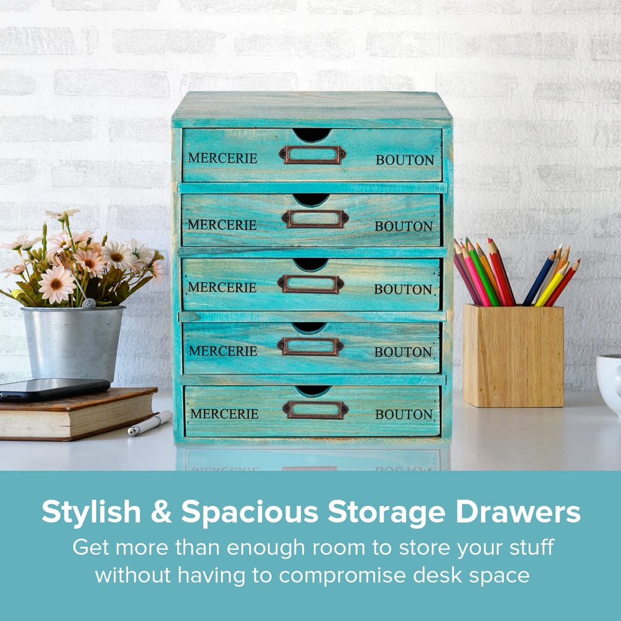 Turquoise 5-Tier Drawer Desktop Curio Cabinet - French Farmhouse Country Desk Organizer Box - Wooden Stackable Shelves - Teal Countertop Shelf w/Label Holder - 5-Level File Drawer Unit Woodaholic