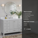 ARIEL Cambridge 55" Grey Bathroom Vanity with Sink, 1.5" Edge Pure White Quartz Countertop & Backsplash, Center Rectangular Sink, 2 Soft Closing Doors, 9 Full Extension Dovetail Drawers ARIEL