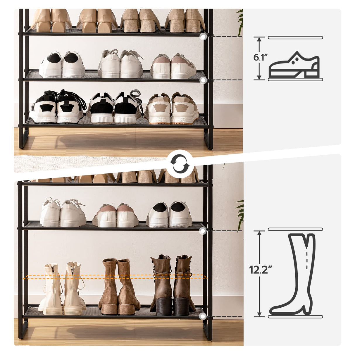 HOOBRO Shoe Rack, 12-Tier Shoe Storage Organizer, Large Capacity Shoe Shelf for Front Door Entrance, Entryway, Closet, Holds 36-48 Pairs of Shoes, Closet, Rustic Brown and Black BF127XJ01 HOOBRO