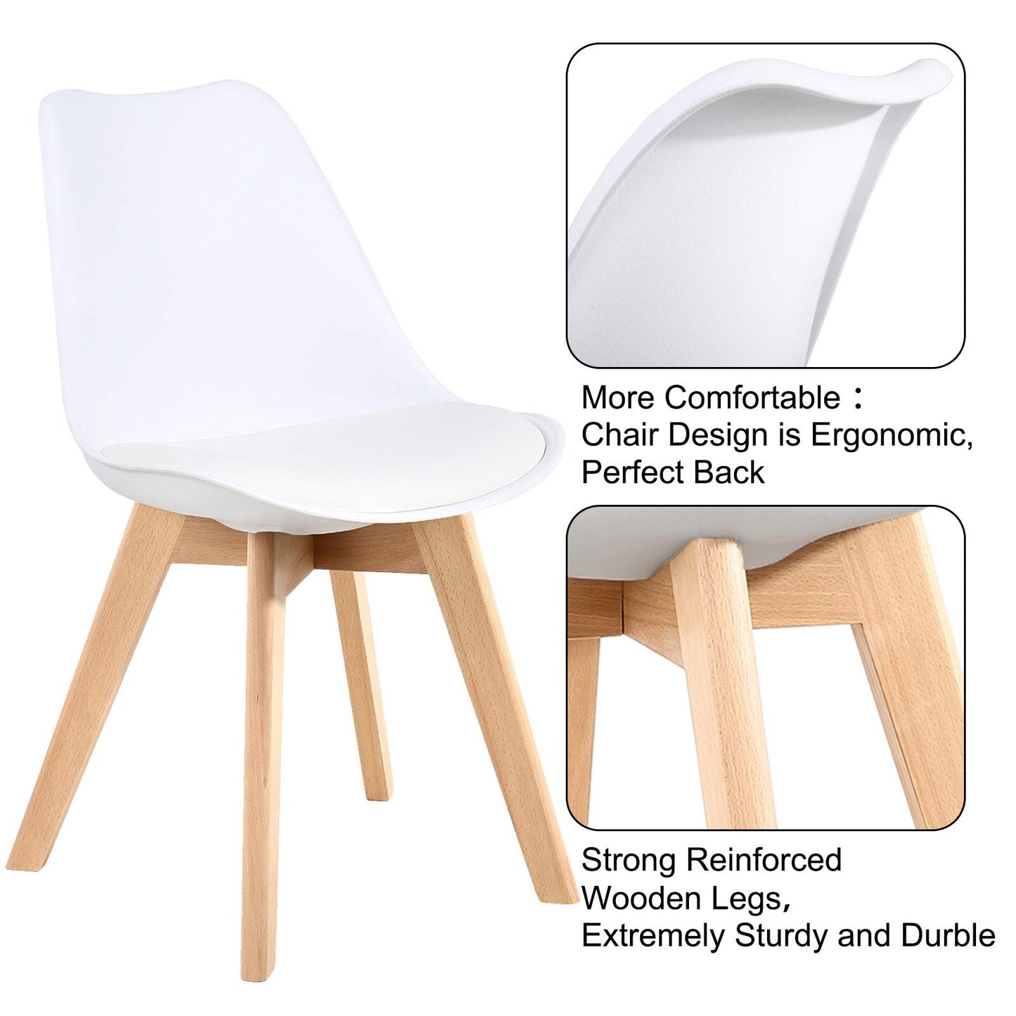 LSSBOUGHT Mid Century Modern Dining Chairs, Shell Lounge Plastic Desk Chair Side Chair with Soft Padded and Wooden Legs for Dining Room Living Room Bedroom Kitchen Set of 2 (White)