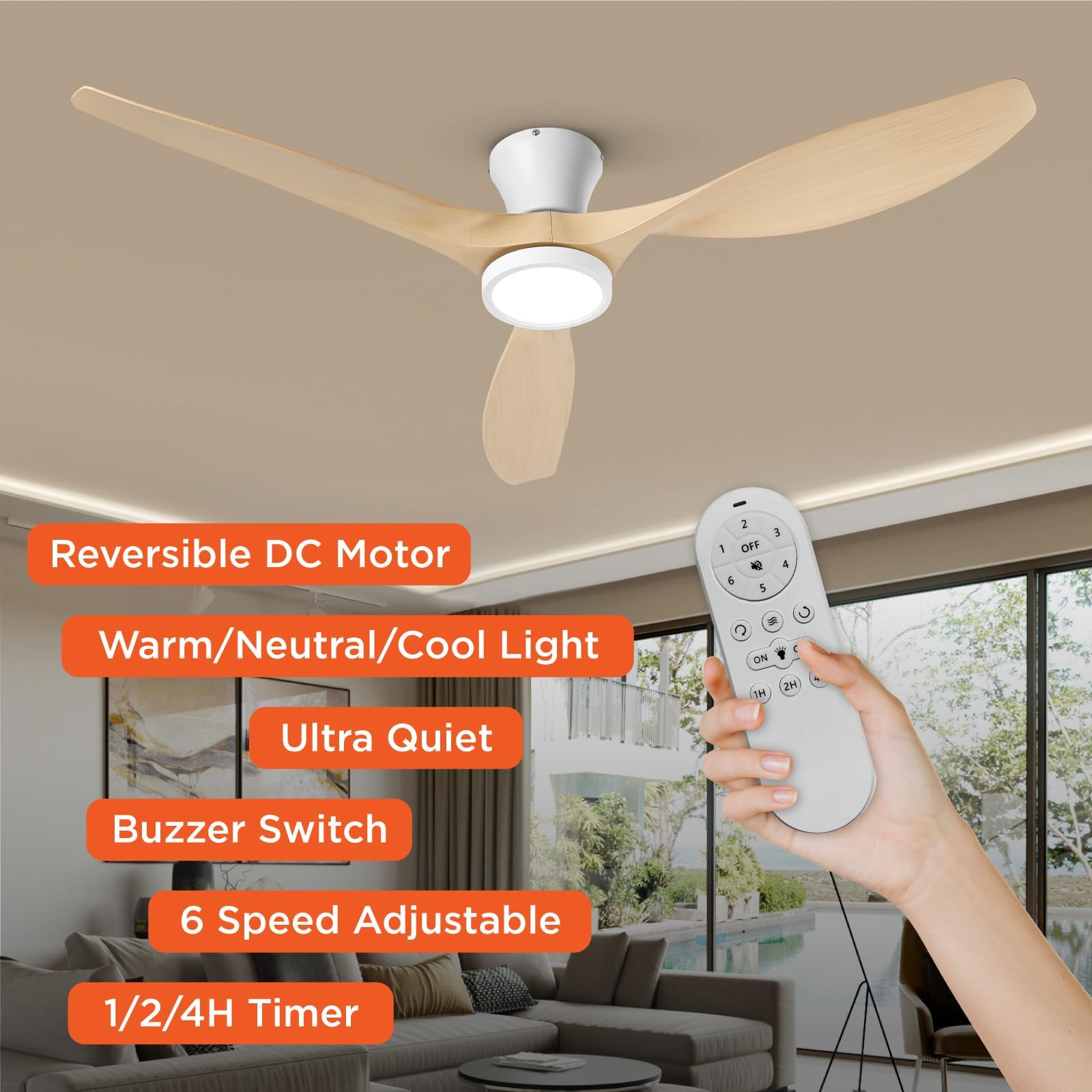 TALOYA 52 inch Ceiling Fans with Lights and Remote, Flush Mount Low Profile Ceiling Fan with Reversible DC Motor for Bedroom Living Room Kitchen Light Oak Finish - WoodArtSupply