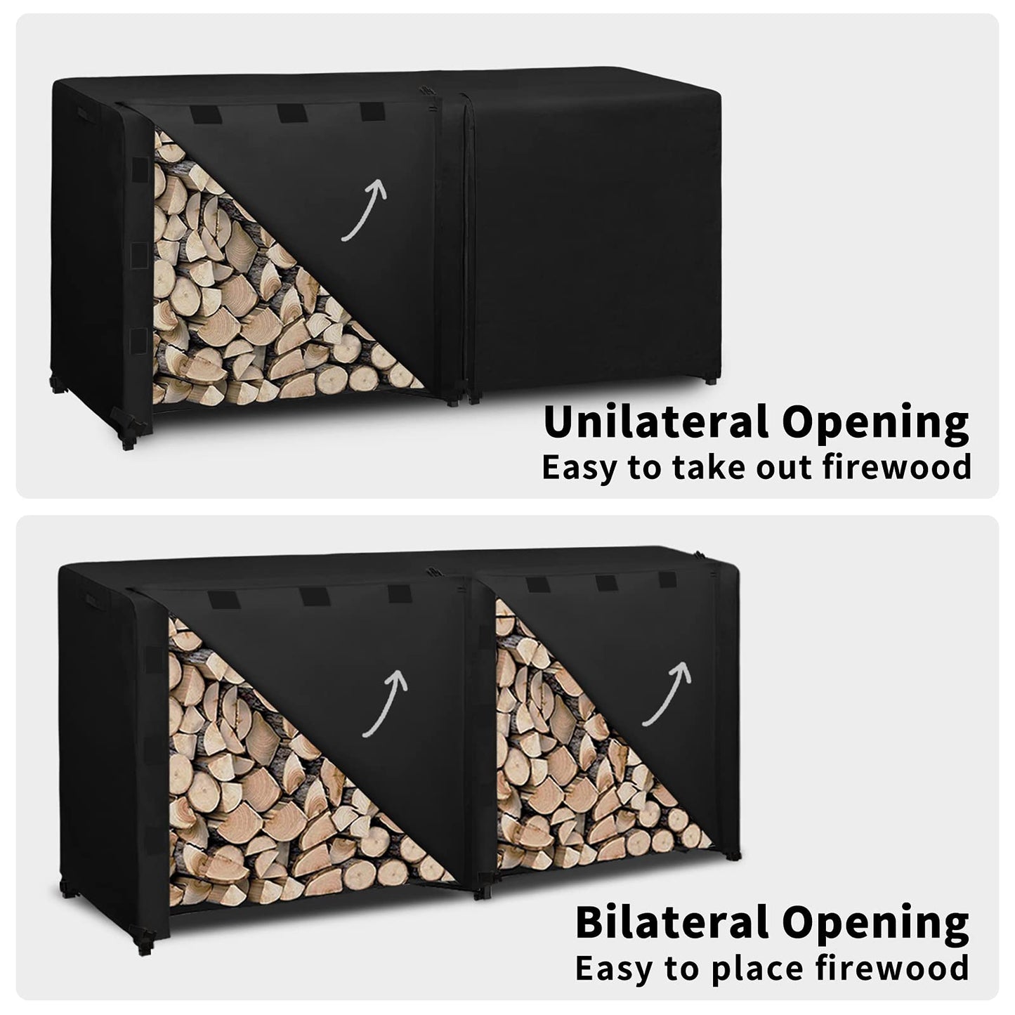 Easy-Going 8 Feet Outdoor Log Rack Cover 600D Heavy Duty Waterproof Weatherproof Firewood Cover with Openable Front Flap（96"x24"x41", Black - WoodArtSupply