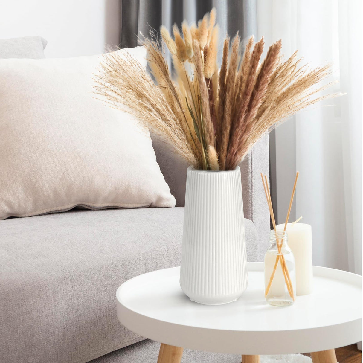 White Ceramic Vase, GUKJOB Small Cute Flower Vase for Pampas Grass, Home, Living Room, Dining Table, Farmhouse, Office Decor, Bedroom, Table, and Kitchen Shelf (White) GUKJOB