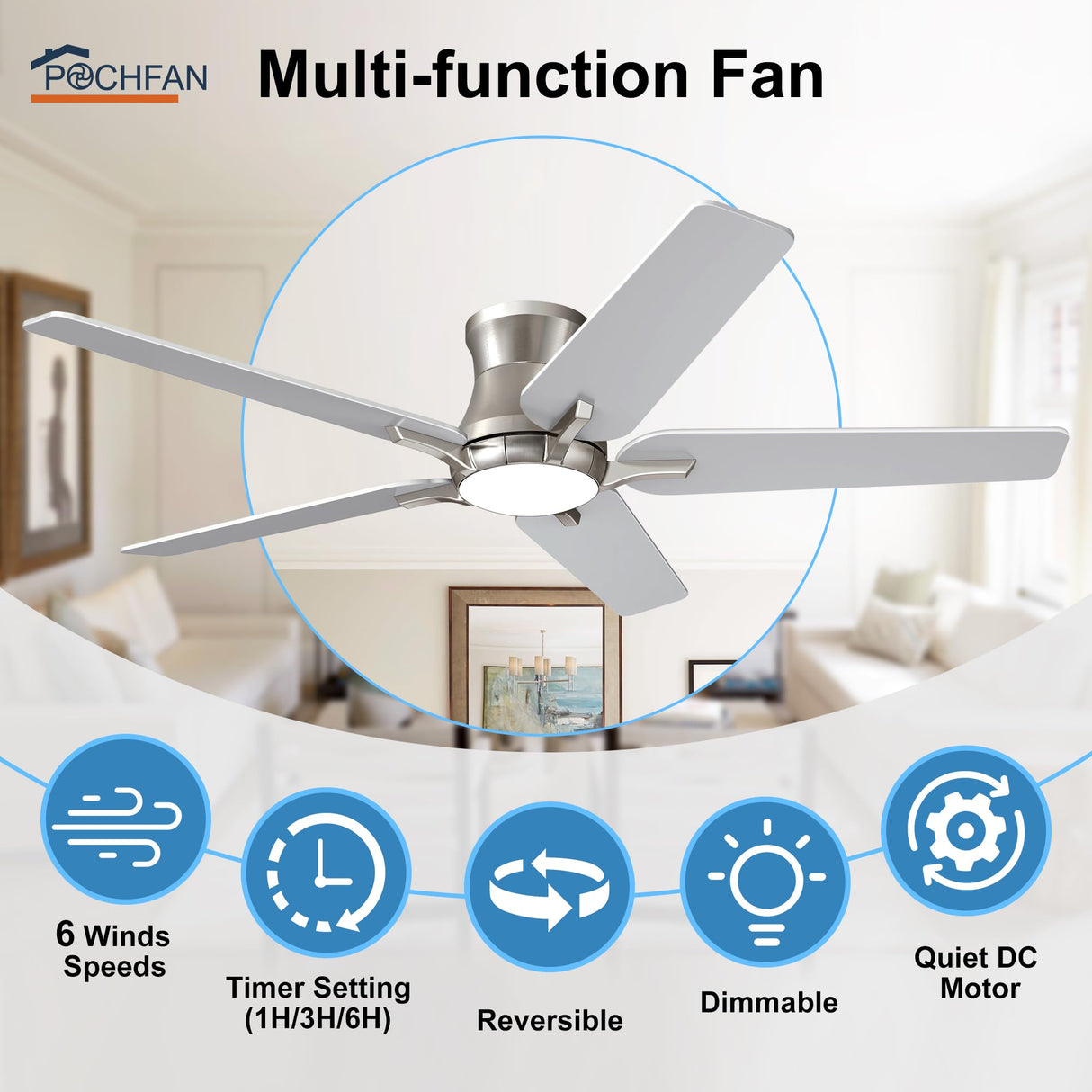 POCHFAN 52 Inch Ceiling Fans With Lights and Remote, Brushed Nickel Flush Mount Low Profile Ceiling Fan for Bedroom, Living Room, Patio, Dimmable 6 Speeds Noiseless Reversible POCHFAN