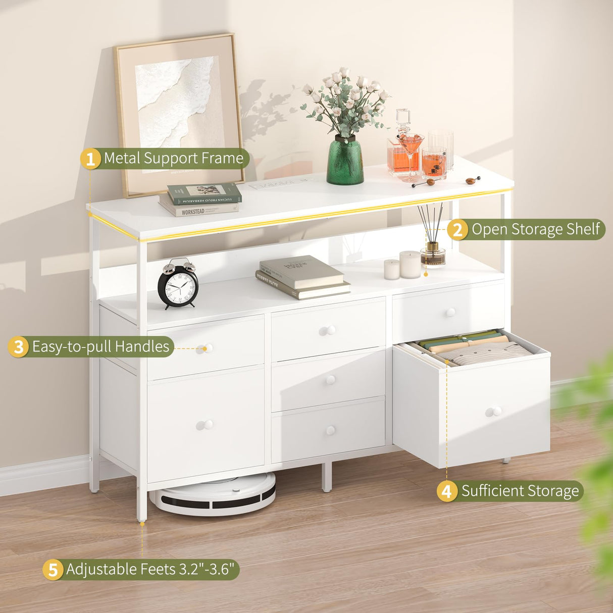 Yoobure LED TV Stand for Bedroom, 50 Inch Kids Dresser with Power Outlets, 7 Drawers Entertainment Center with Storage Shelf, TV Stands Dresser for Bedroom, Living Room, TV Console Entertainment Stand Yoobure