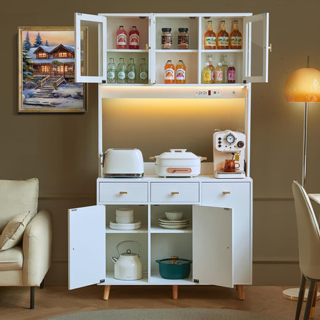 JanflyHome Kitchen Pantry Storage Cabinet with Power Outlet & Light, 73'' Freestanding Hutch Cabinet with Glass Door & Microwave Stand, Tall Cabinet for Dining Room, Adjustable Shelves, White… JanflyHome