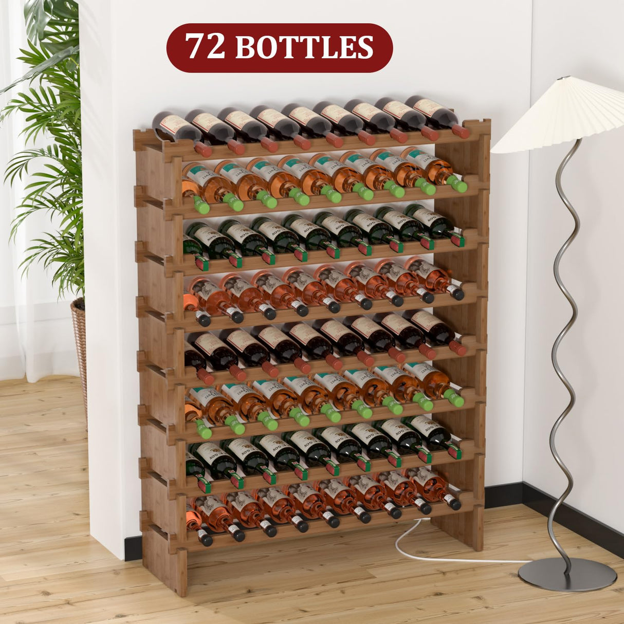 Domax Wine Rack Freestanding Floor - 8 Tiers Wine Bottle Holder 72 Bottle Stackable Wine Rack， Bamboo Wine Holder Wine Storage Racks for Kitchen, Domax