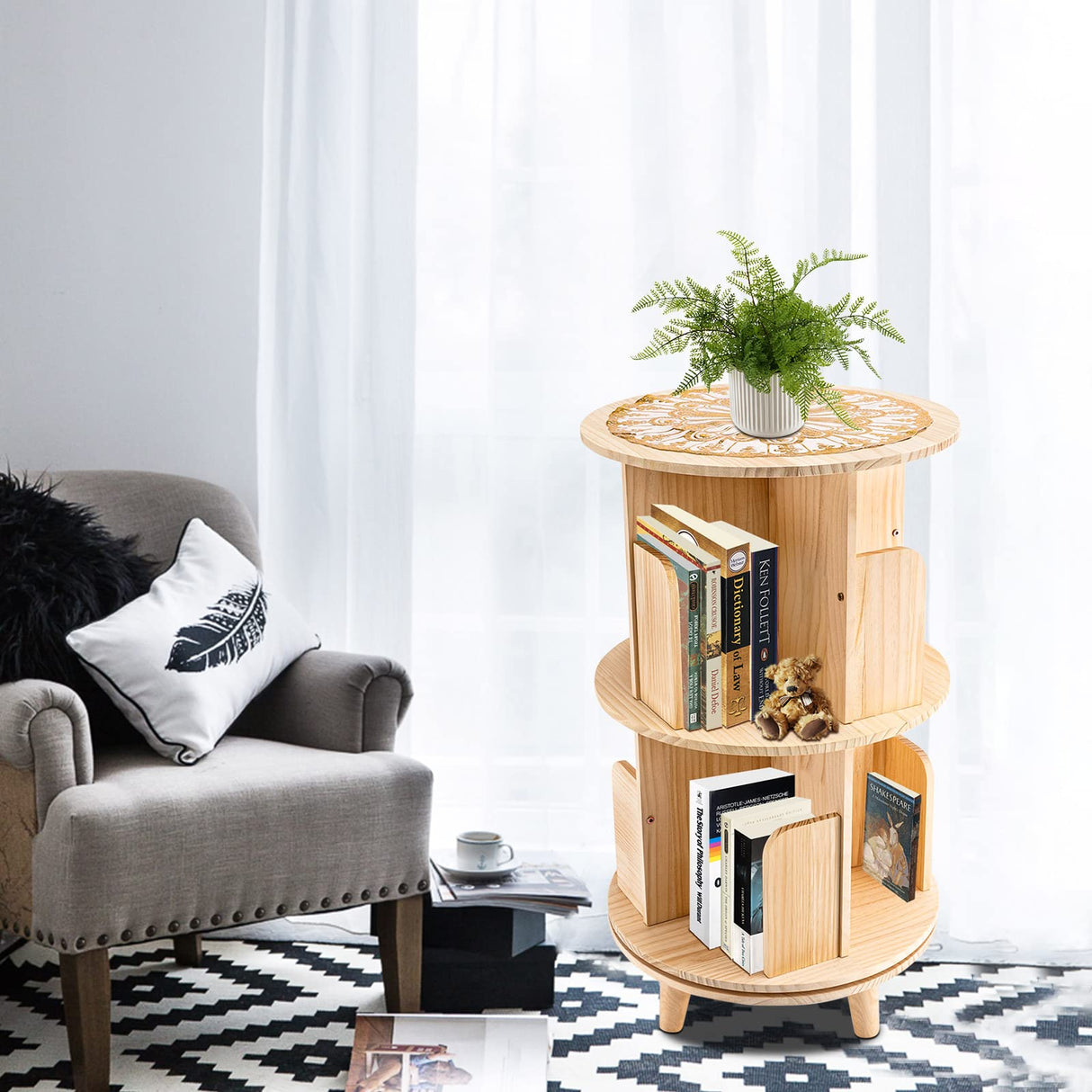 Bazargame 360° Rotating 2-Tier Wood Bookshelf Organizer for Home and Office Bazargame