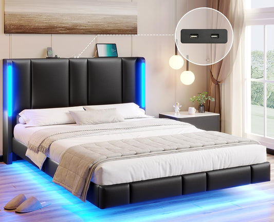 AOGLLATI Queen Floating Bed Frame with LED Lights and USB Charging Stations - WoodArtSupply