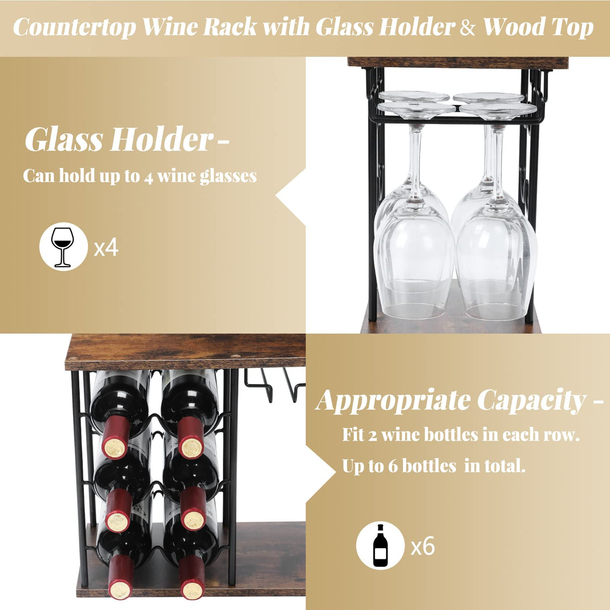 MOOACE Countertop Wine Rack, Hold 6 Wine Bottles and 4 Glasses Rack, Freestanding Wine Rack for Home, Kitchen, Bar Table, Wine Cellar, Cabinet MOOACE