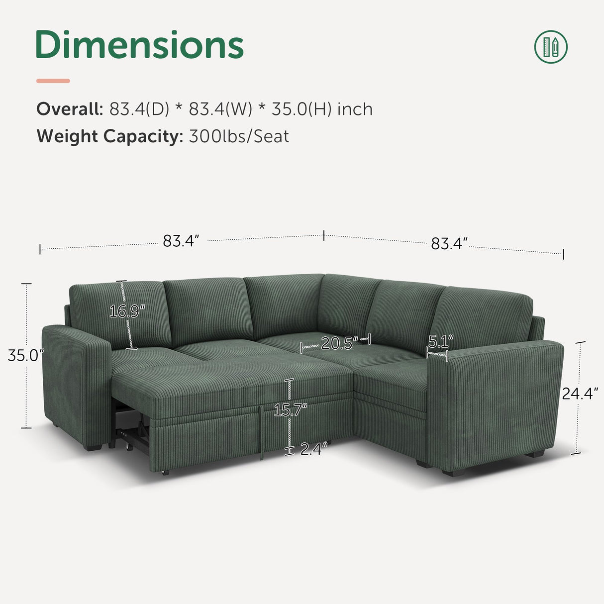 HONBAY Modular Sectional Sleeper Sofa with Pull Out Bed, Corduroy L Shaped Couch with Storage Seats, Convertible Sectional Couches for Living Room, Green HONBAY