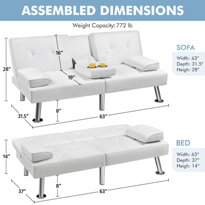 Yaheetech Convertible Sofa Bed Adjustable Couch Sleeper Modern Faux Leather Home Recliner Reversible Loveseat Folding Daybed Guest Bed, Removable Armrests, Cup Holders, 3 Angles, 772lb Capacity, White