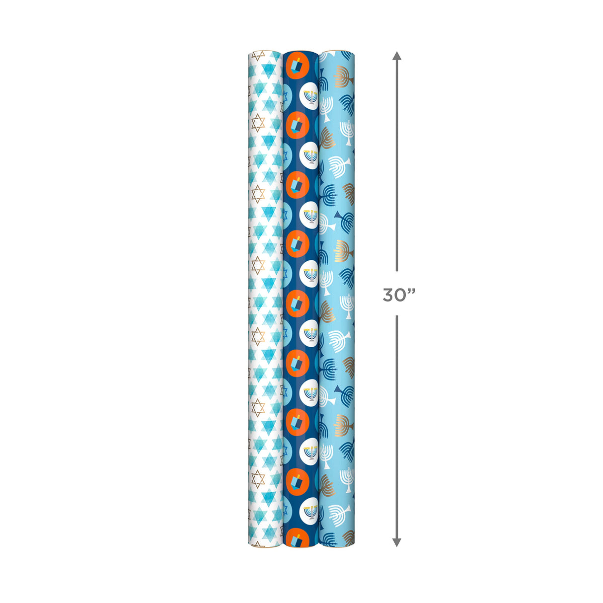Hallmark Tree of Life Hanukkah Wrapping Paper with Cutlines on Reverse (3 Rolls: 120 Sq. Ft. Total) Blue and Gold Star of David, Menorahs, Candles, Dreidels Hallmark