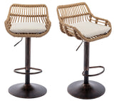Kakotito Rattan Bar Stools, Adjustable Barstools with Linen Cushion, 360° Swivel Bar Stool with Low Back & Footrest, Classical Barstool Set of 2 for Kitchen and Bar (Brown) Kakotito