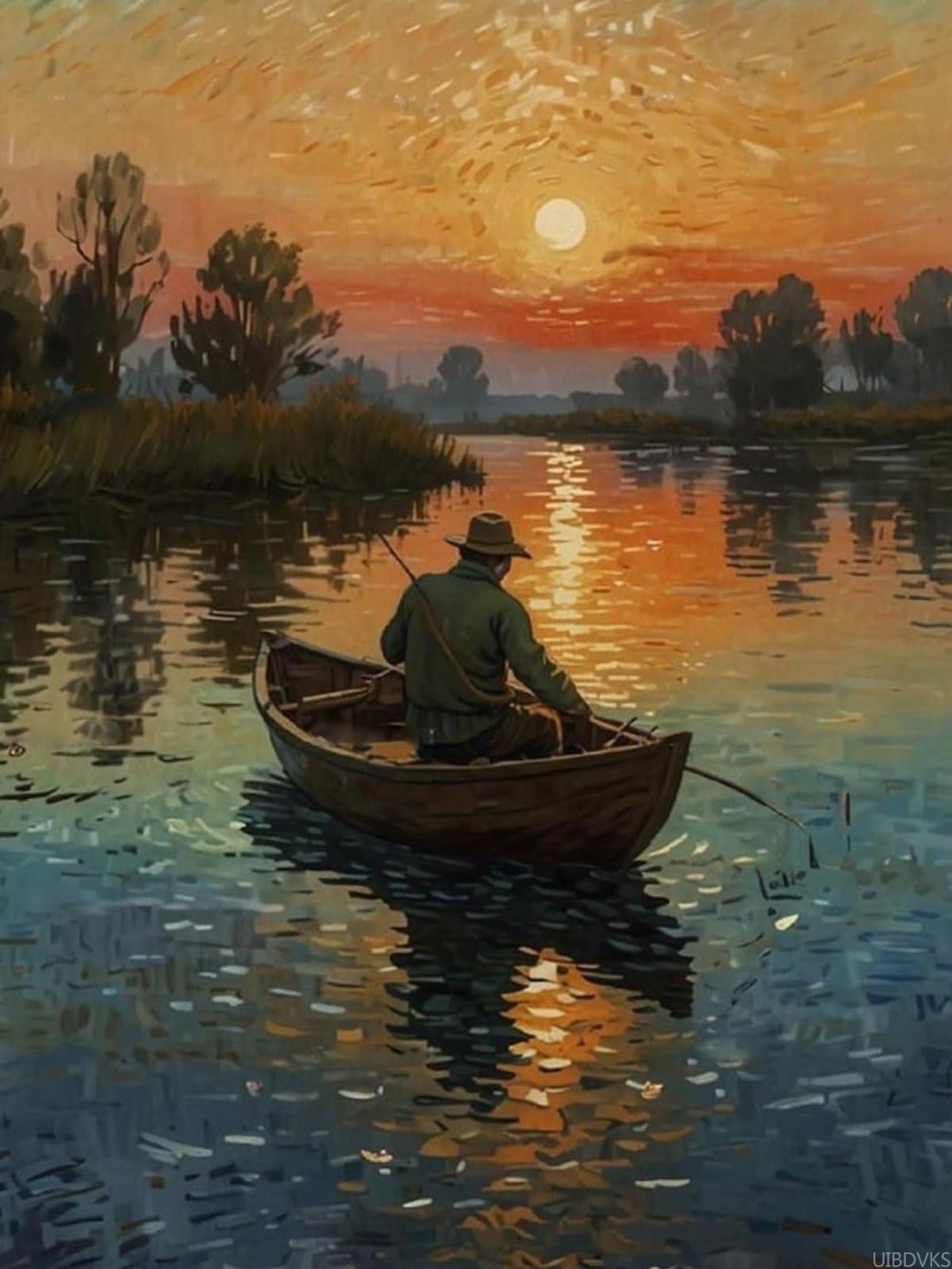 UIBDVKS Diamond Painting Kits for Adults A Man Fishing from A Small Boat Painting DIY 5D Full Drill Diamond Dots Paintings with Diamonds Gem Art and Crafts Home Decor 12x16 inch UIBDVKS