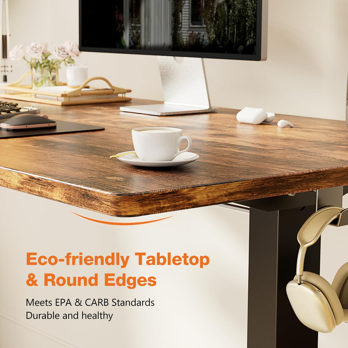 Sweetcrispy Standing Desk Adjustable Height, 63inch Electric Sit Stand up Desk for Home Office, Modern Rising Work Table for Computer Laptop, Lift Gaming Desk Sturdy Ergonomic Workstation, Rust Brown Sweetcrispy