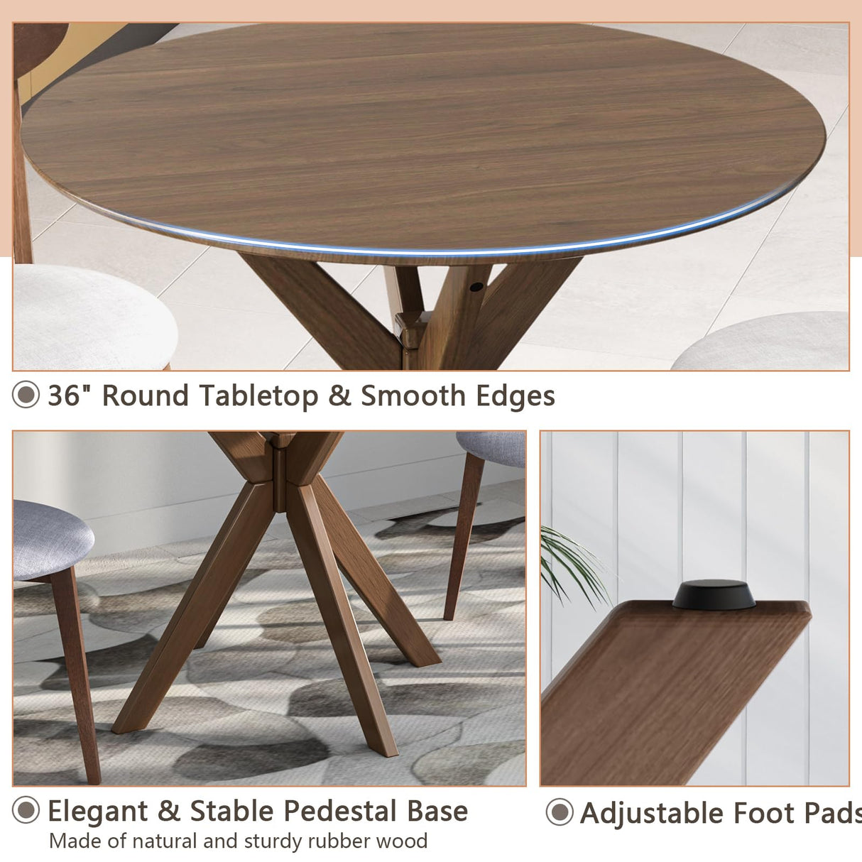 Tangkula 3-Piece Dining Table and Chair Set, Round Wooden Dining Set with Cushioned Chairs, Mid-Century Farmhouse Table and Chair Set for Kitchen and Living Room Tangkula