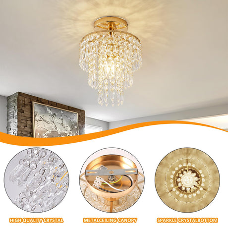 Modern Mini Crystal Chandelier, 3-Tier Raindrops Design Small Chandelier Light Fixture, Flush Mount Ceiling Light Fixture for Bedroom, Hallway, Living Room - E26 Base, Chandelier for Bedroom (Gold) Cyaruy