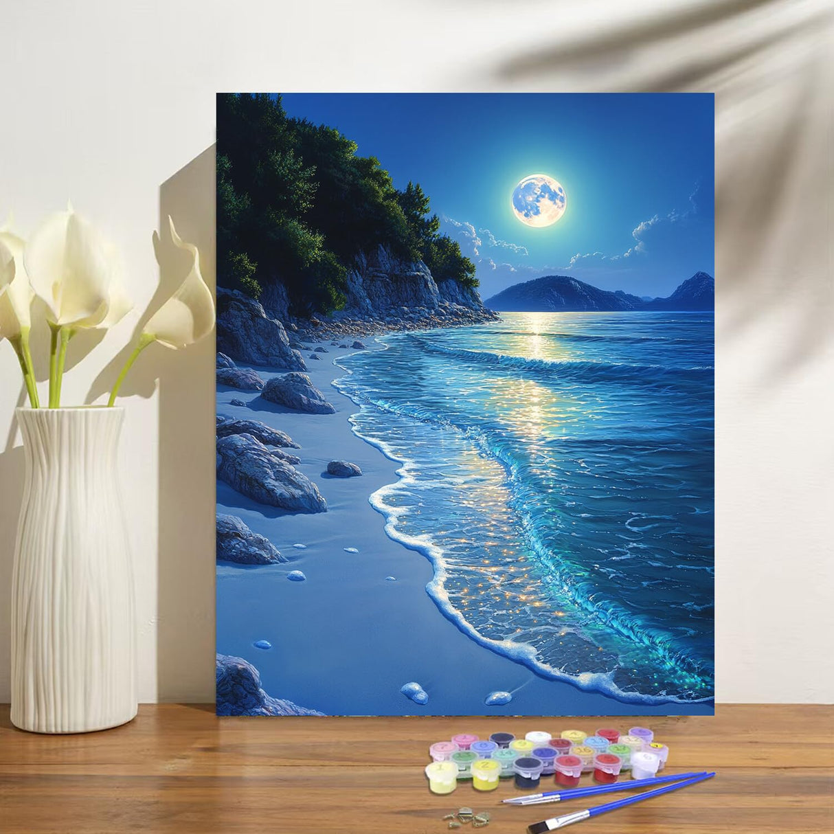 Beach Moonlight Paint by Numbers Kit for Adults Beginner Ocean Oil Painting Kit Adult Paint by Number Kits on Canvas Moon DIY Painting for Beginners Art by Numbers for Gifts Home Wall Decor 16x20 Inch obterie