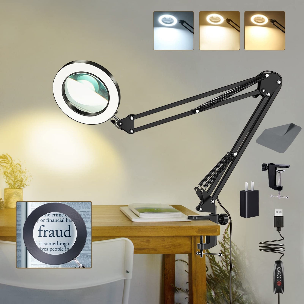 VUEJIC 10X Magnifying Glass with Light and Clamp, Magnifier with Light Hands Free3 Color Modes Stepless Dimmable, 72 LEDs Real Glass Lens Magnifying Lamp for Close Work, Repair, Reading, Craft VUEJIC