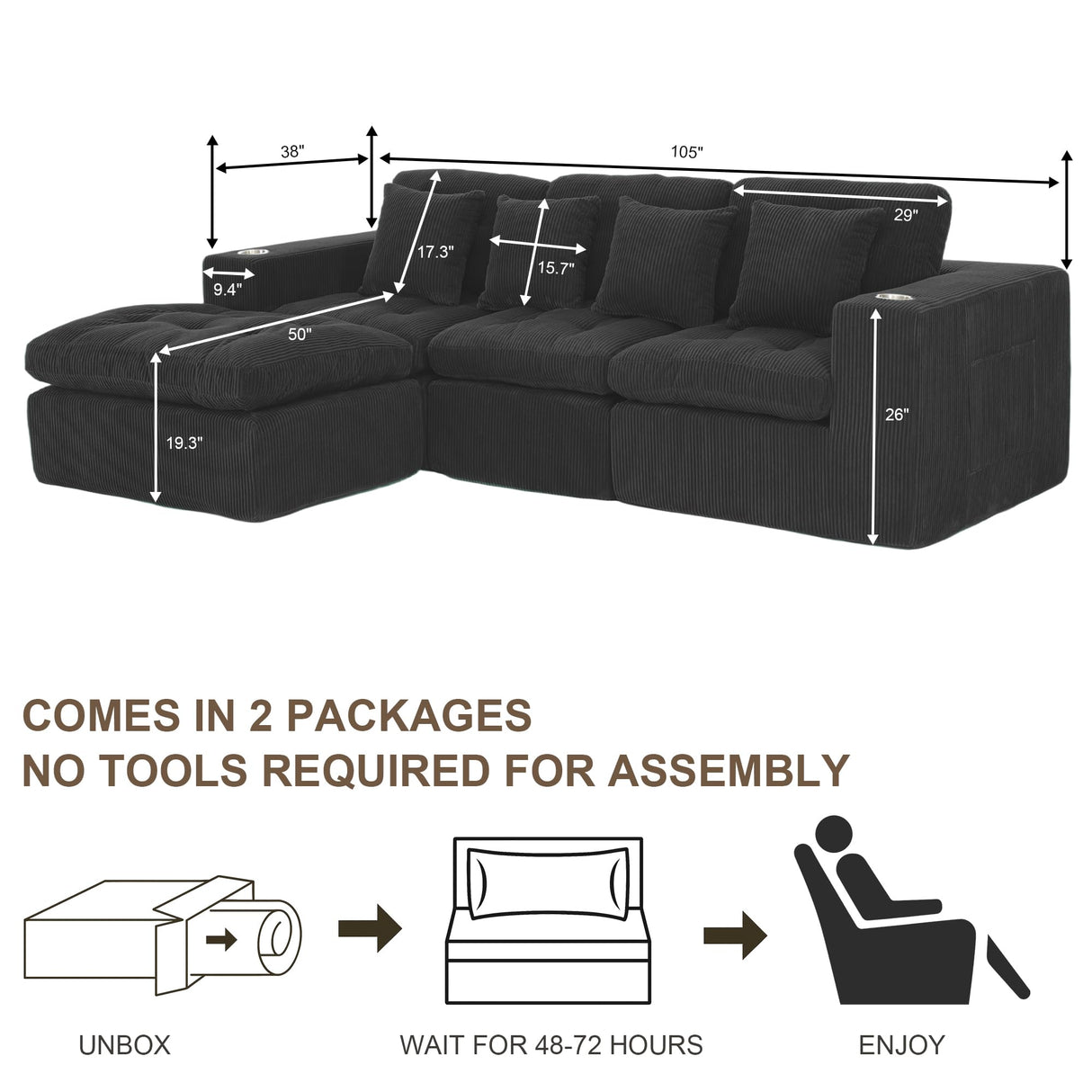 YKVIQBY Modular Cloud 3 Seater Sofa L Shaped Sectional Couch, Comfy Modern Sectional with Cup Holders, Ergonomic Support & Free Combination for Apartment for Living Room Bedroom, Black YKVIQBY