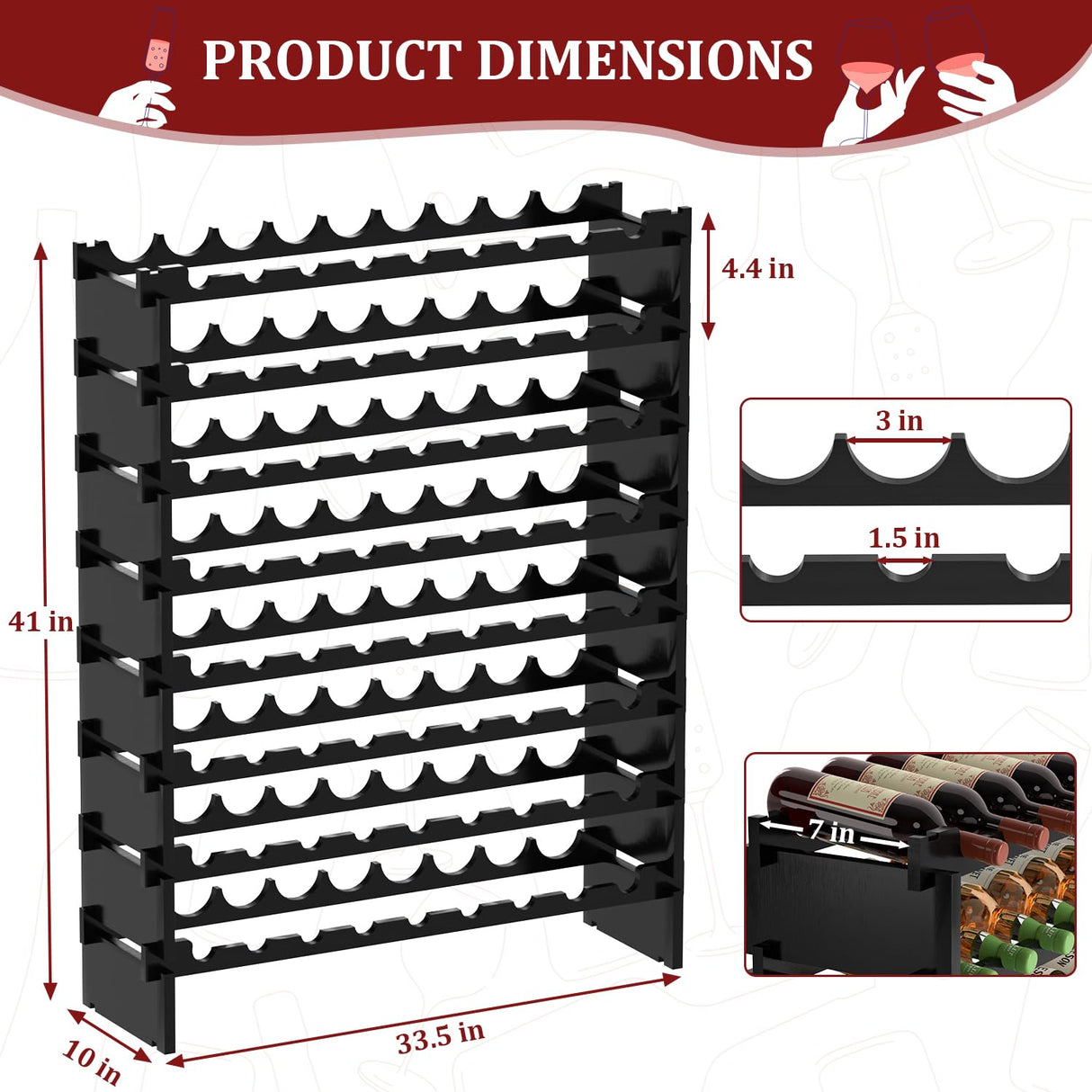 Domax Wine Rack Freestanding Floor - 8 Tiers Wine Bottle Holder 72 Bottle Stackable Wine Rack， Bamboo Wine Holder Wine Storage Racks for Kitchen, Bar, pantry and Cellar (Black) Domax