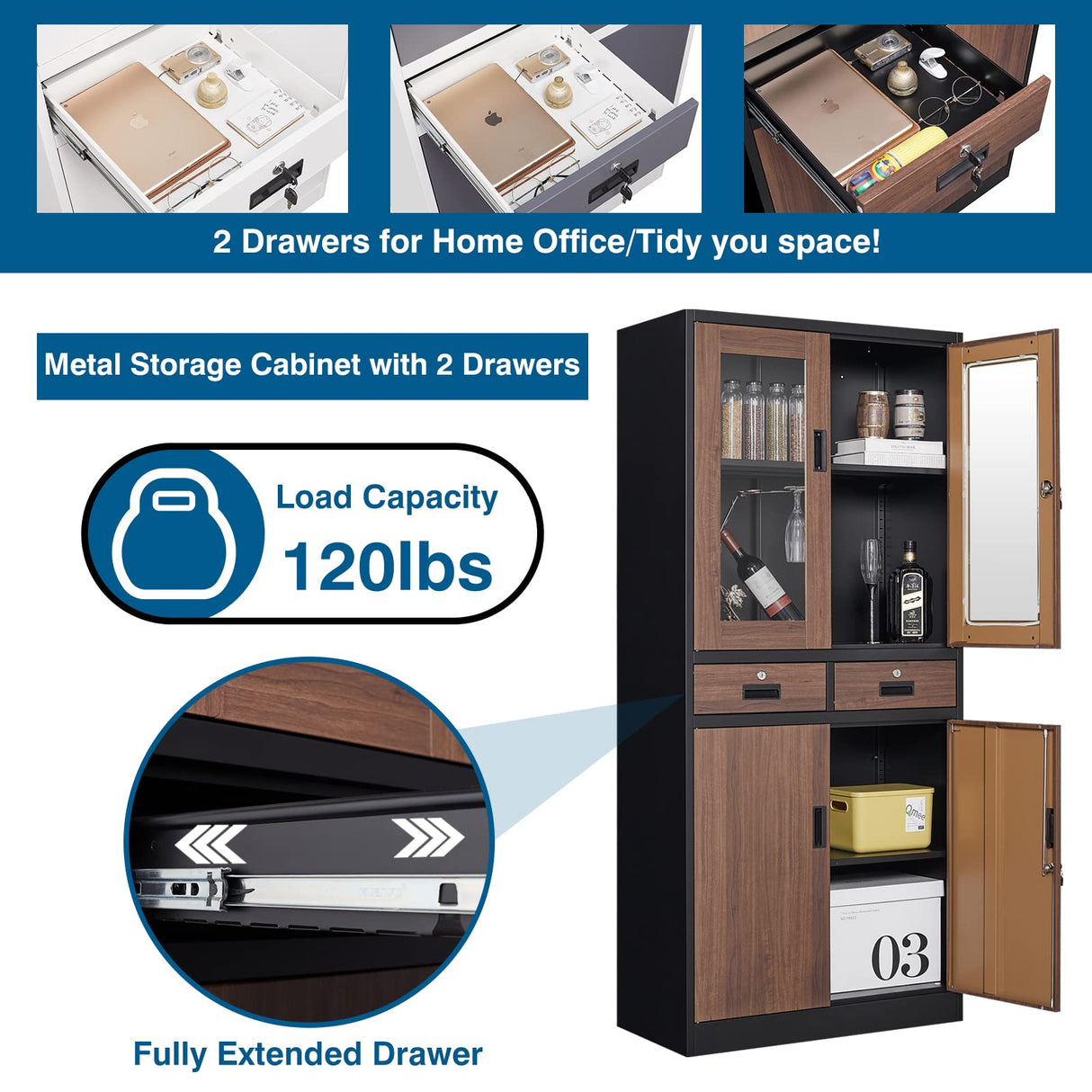 PEUKC Kitchen Pantry Cabinet, 71" Freestanding Kitchen Pantry Storage Cabinet with Drawer and Adjustable Shelves, Metal Tall Pantry Cabinet Cupborad with Glasses Doors, Wood Color PEUKC