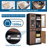 PEUKC Kitchen Pantry Cabinet, 71" Freestanding Kitchen Pantry Storage Cabinet with Drawer and Adjustable Shelves, Metal Tall Pantry Cabinet Cupborad with Glasses Doors, Wood Color PEUKC