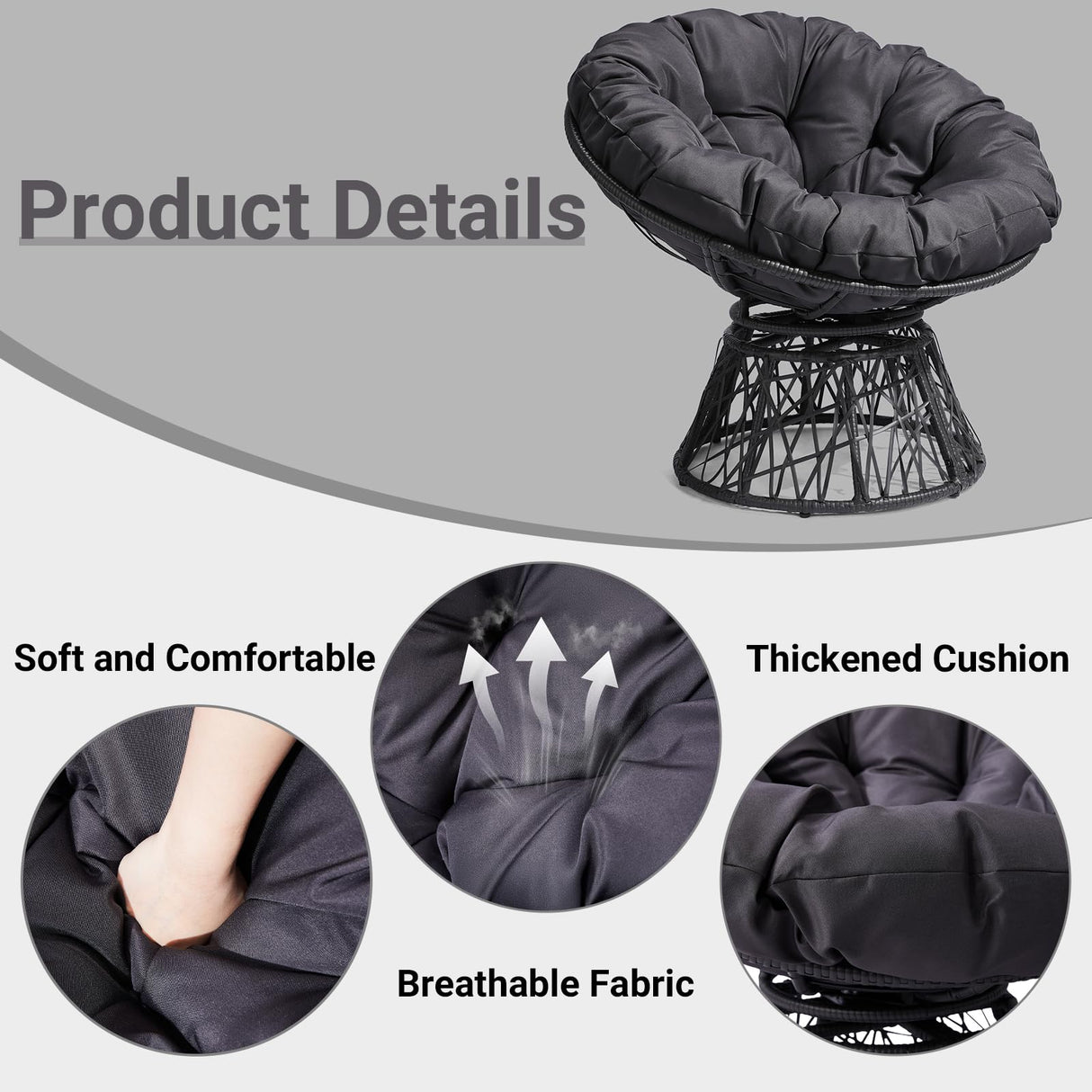 Outvita 40" Swivel Wicker Papasan Chair with Thick Tufted Cushions, High Capacity Frame, 360 Degree Rotatable Chairs for Indoor Outdoor Use, Black Outvita