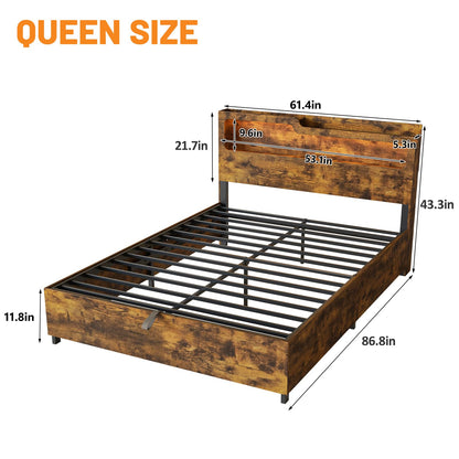 Fameill Queen Size Lift Up Storage Bed Frame, 2-Tier Headboard Wooden Platform Bed Frame with Lifting Storage & Charging Station, No Spring Box Needed/Noise Free