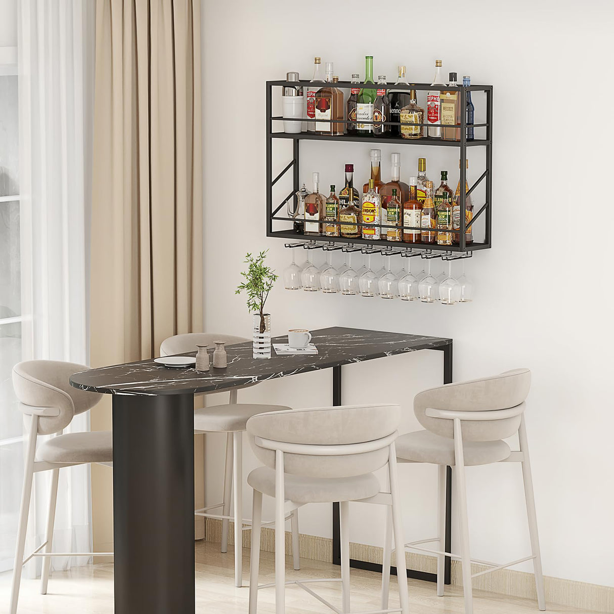 Woskar Wall Mounted Wine Rack 2 Tier, Metal Bar Liquor Shelves and Glass Holder,Wall Bar Shelf Wine Display Storage Holder for Home Bar, Dining Room, Kitchen(31.4×7.8×26in) Woskar