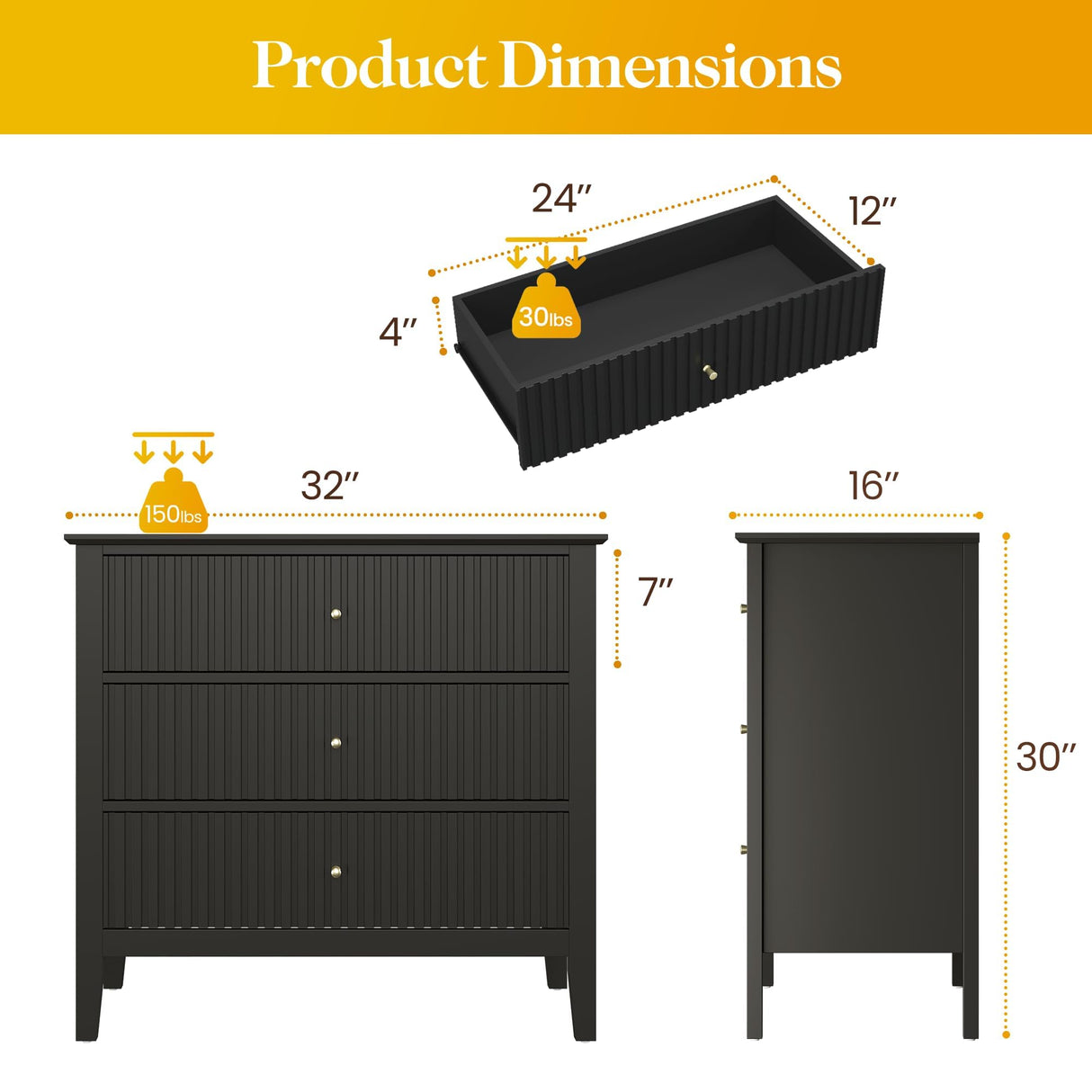 May in Color Large Black Fluted 3 Drawer Dresser Set of 2, Chest of Drawers with Ball Bearing Slide Modern 30 inch Tall Wood Nightstand with Spacious Storage for Bedroom Hallway Living Room Entryway May in Color