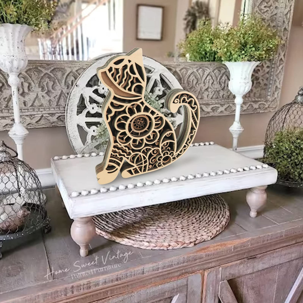 Multi-Layered Cat Decor, Farmhouse Wooden Cat Craft 4 Layer Rustic Kitten Self-Standing Statue Desktop Shelf Tier Tray Display Cat Lovers Gift 6'' Laisgee