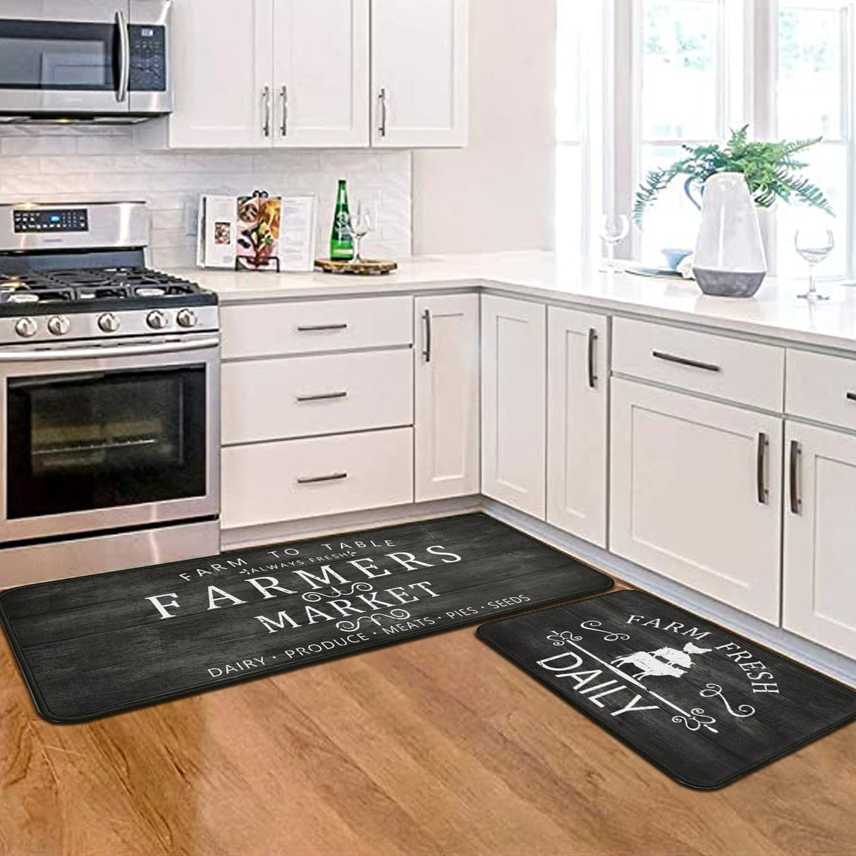 Farmhouse Kitchen Rugs Set of 2,Rustic Kitchen Rugs Farmhouse Style Mat Non-Slip Washable, Farmhouse Kitchen Decor Anti-Fatigue Floor Mat for Kitchen Sink Laundry Room, 17x30+17x47inch Black Twyt decor