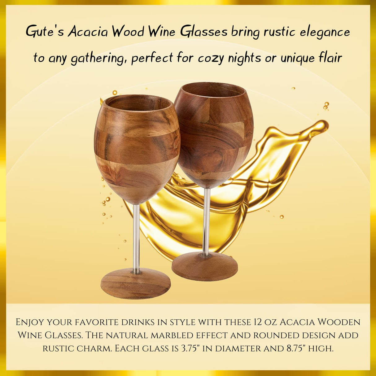 Designer Dark Acacia Wooden WUD Wine Glasses - Set of 2 - Wooden Wine Goblets Rustic Unique Cocktail, Champagne, Martini Natural Wood Glassware, Farmhouse Cup - Toasting Gifts For Him 12 oz GUTE